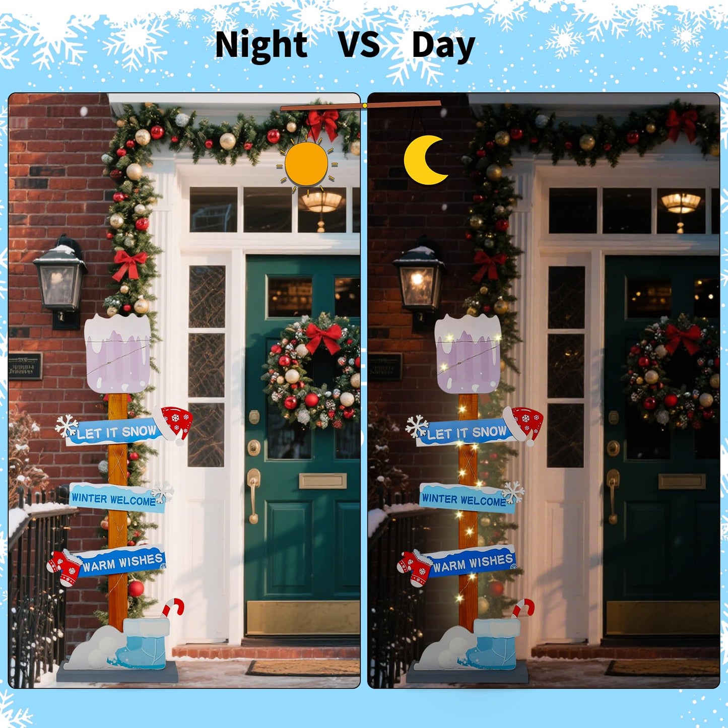 Lighted Wooden Christmas Porch Sign | Let It Snow Winter Welcome Porch Decor |Xmas Hat Gloves Candy Cane Wood Signs for Winter Wonderland Bule Christmas Decorations
