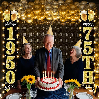 75th Birthday Party Banner Lighted Decorations for Men and Women - Black Gold Vintage 1950 75th Birthday Door Banners with LED Light, 75 Years Birthday Party Supplies for Indoor Outdoor Decor