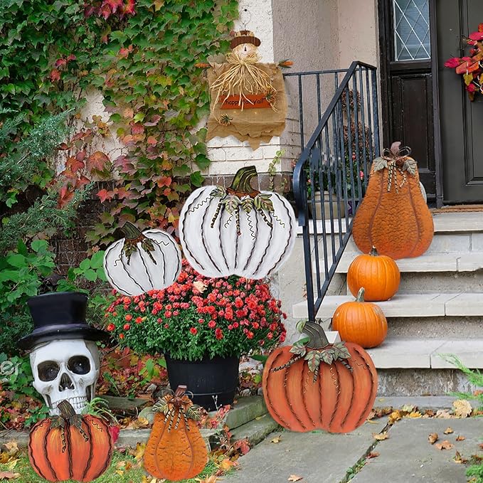 Metal Pumpkin Stakes Yard Signs Fall Decor Decorative Garden Stake Lawn Pumpkins Ornaments Outdoor Autumn Decoration for Harvest Halloween Thanksgiving (26" H White)