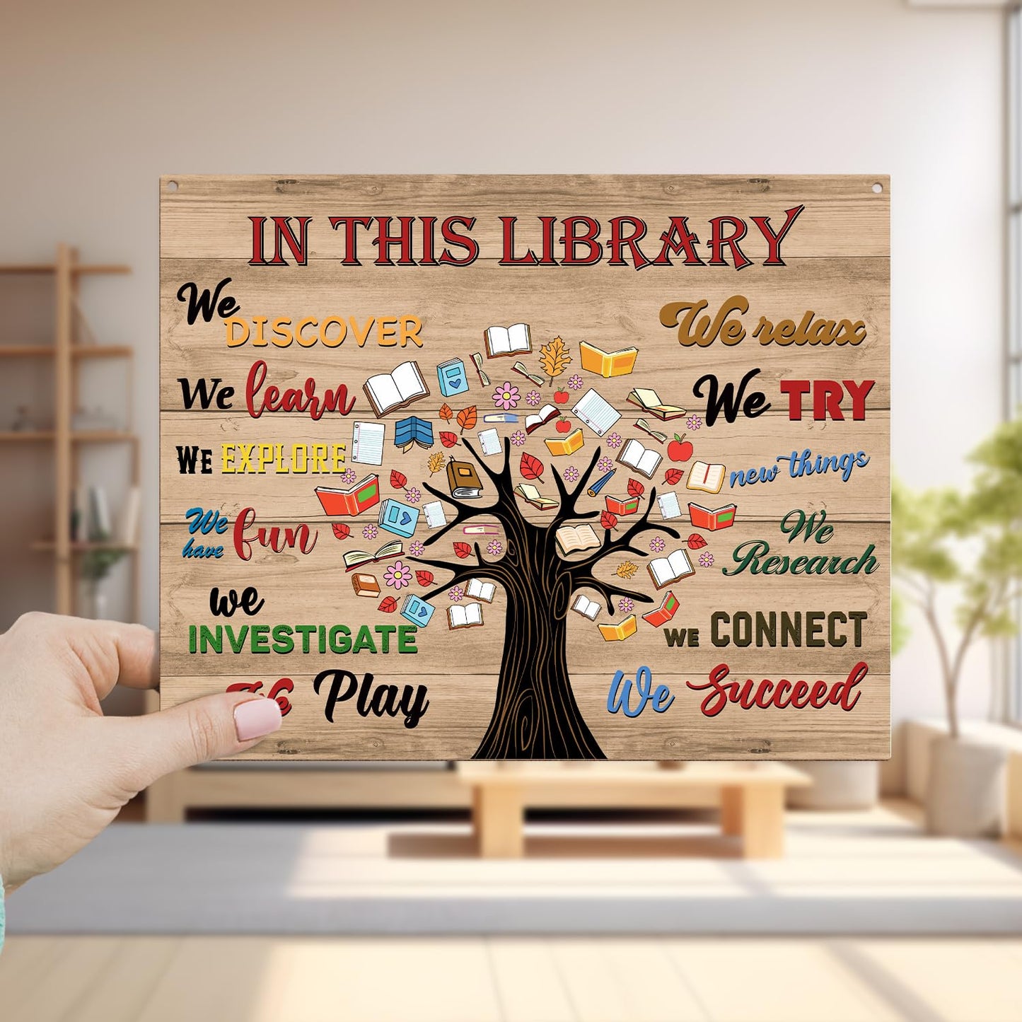 In This Library Wood Hanging Sign, Welcome Reading Room Art Wood Sign Plaque with Rope, Wall Wooden Plaque Hang Ornament, Study School Door Shelf Decor Supplies, Inspirational Christmas Gift -60