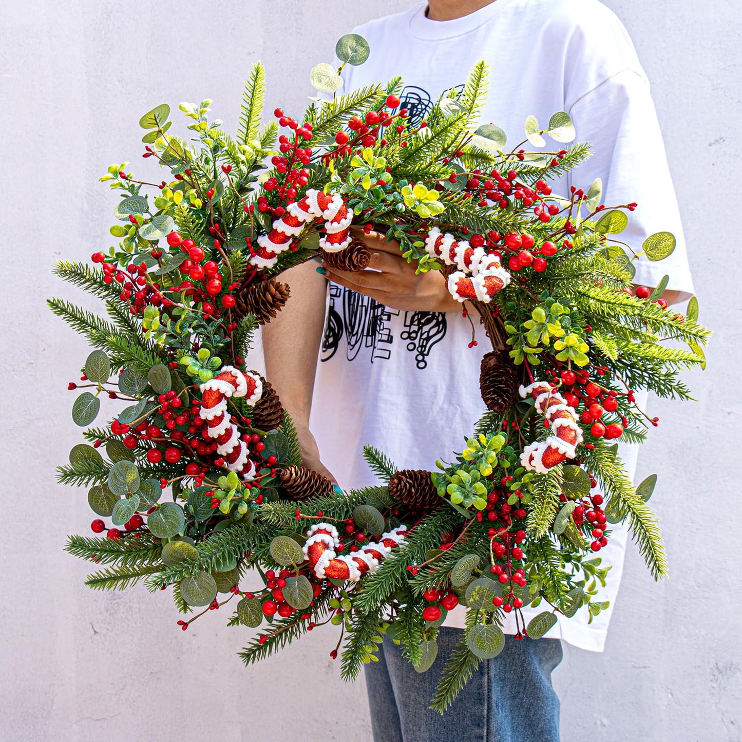 MG MagicGarden Christmas Wreaths for Front Door 20 Inches Artificial Christmas Wreath with Red Holly Berries Pine Needles Pine Cones Candy Canes for Xms Holidays