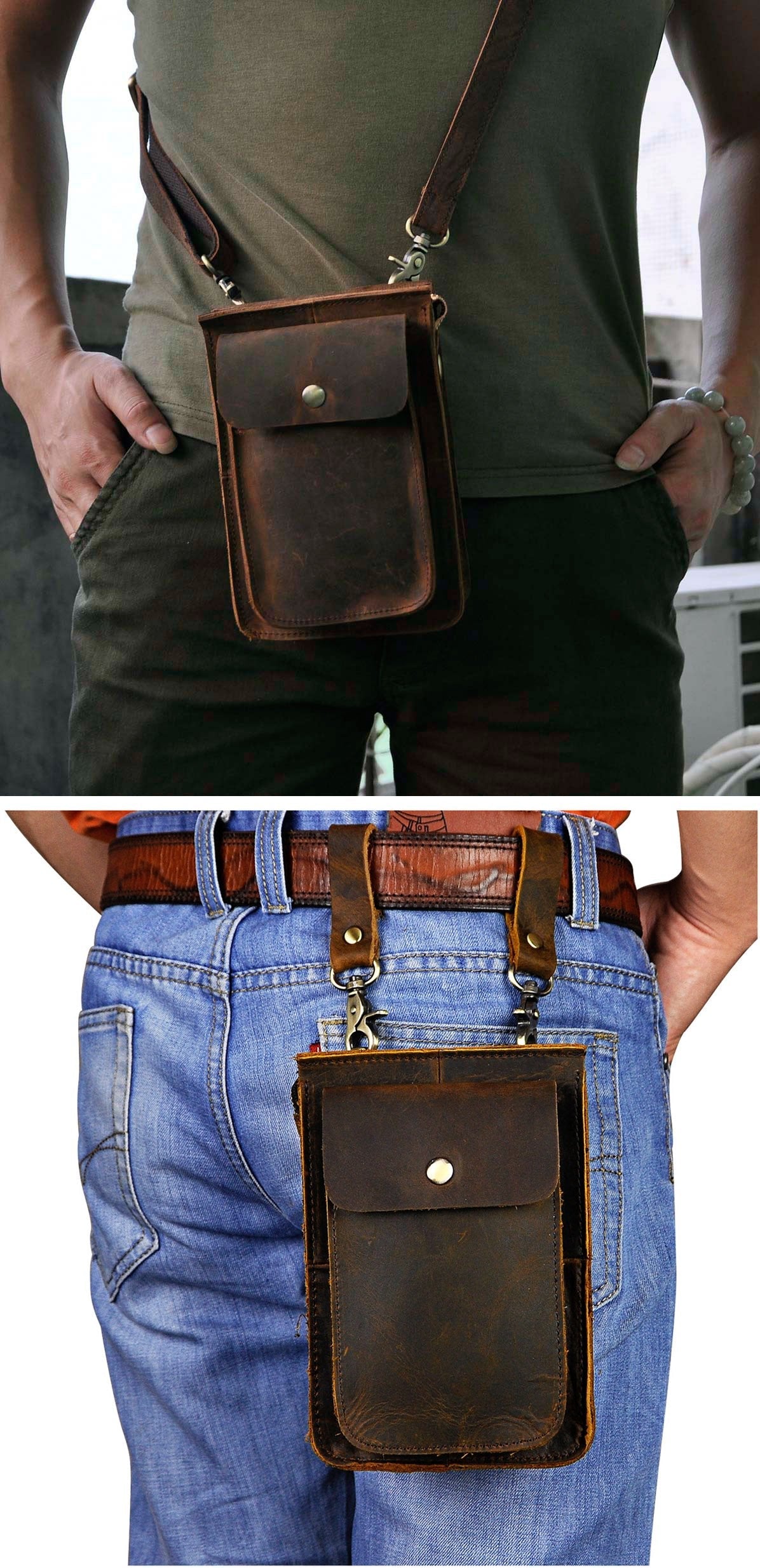 Le'aokuu Mens Genuine Leather Messenger Shoulder Satchel Waist Bag Pack (021 A1 Dark Brown)