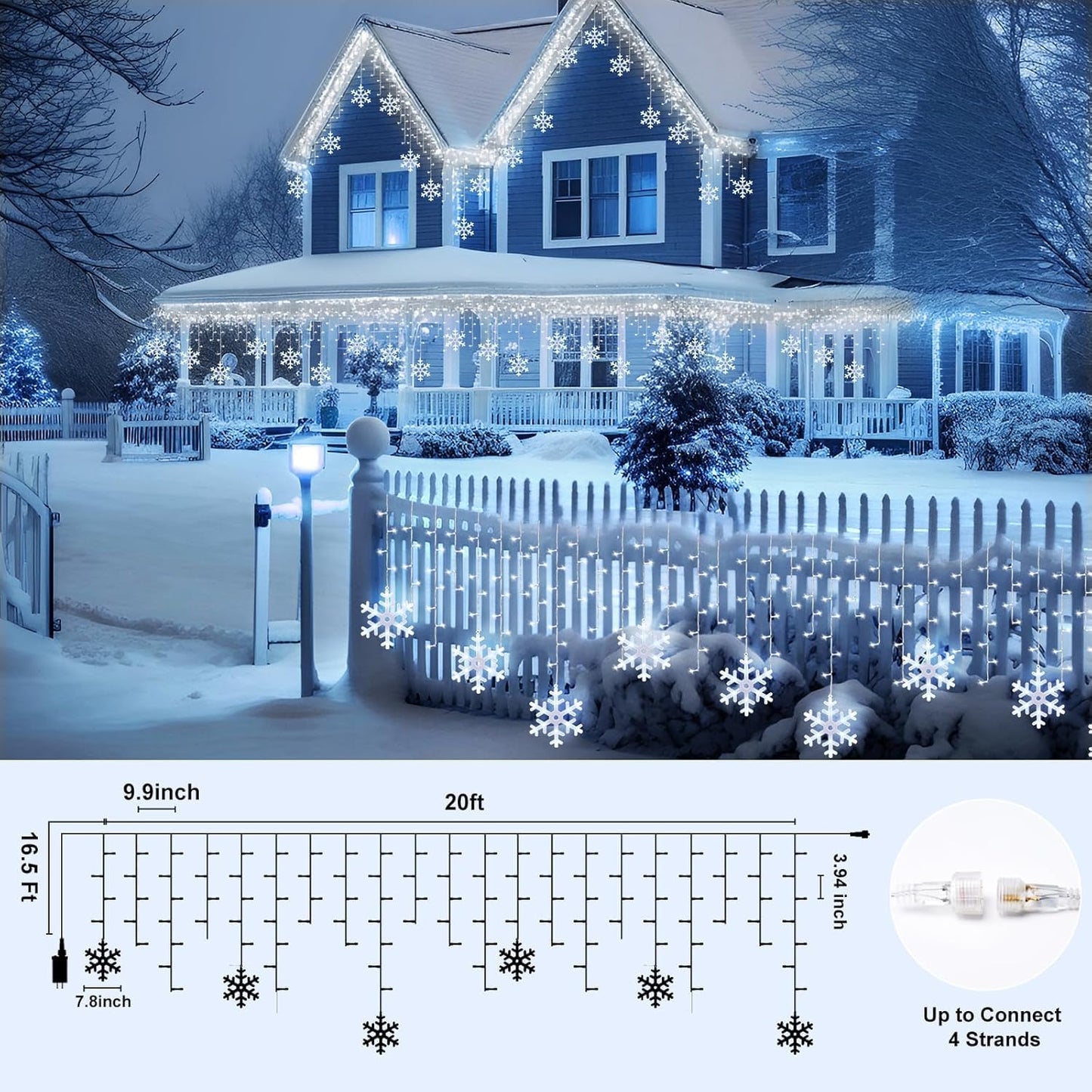 Minetom Snowflake Icicle Lights Outdoor, 20FT 200 LED Icicle Christmas Lights with Timer, 24 Drops, 8 Modes, Waterproof Christmas Light for Outdoor Outside Holiday Decoration, Pure White