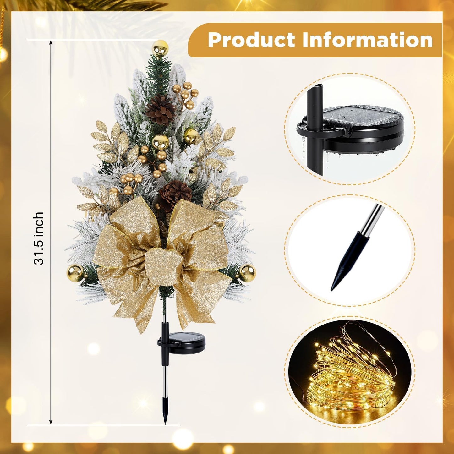 2 Pack Gold Outdoor Pathway Christmas Tree Urn Filler Solar Waterproof Cemetery Xmas Tree Faux Pine Cones Gold Christmas Ball Berry Pathway Light Ornament Stakes for Yard Garden Lawn Walkway Cemetery