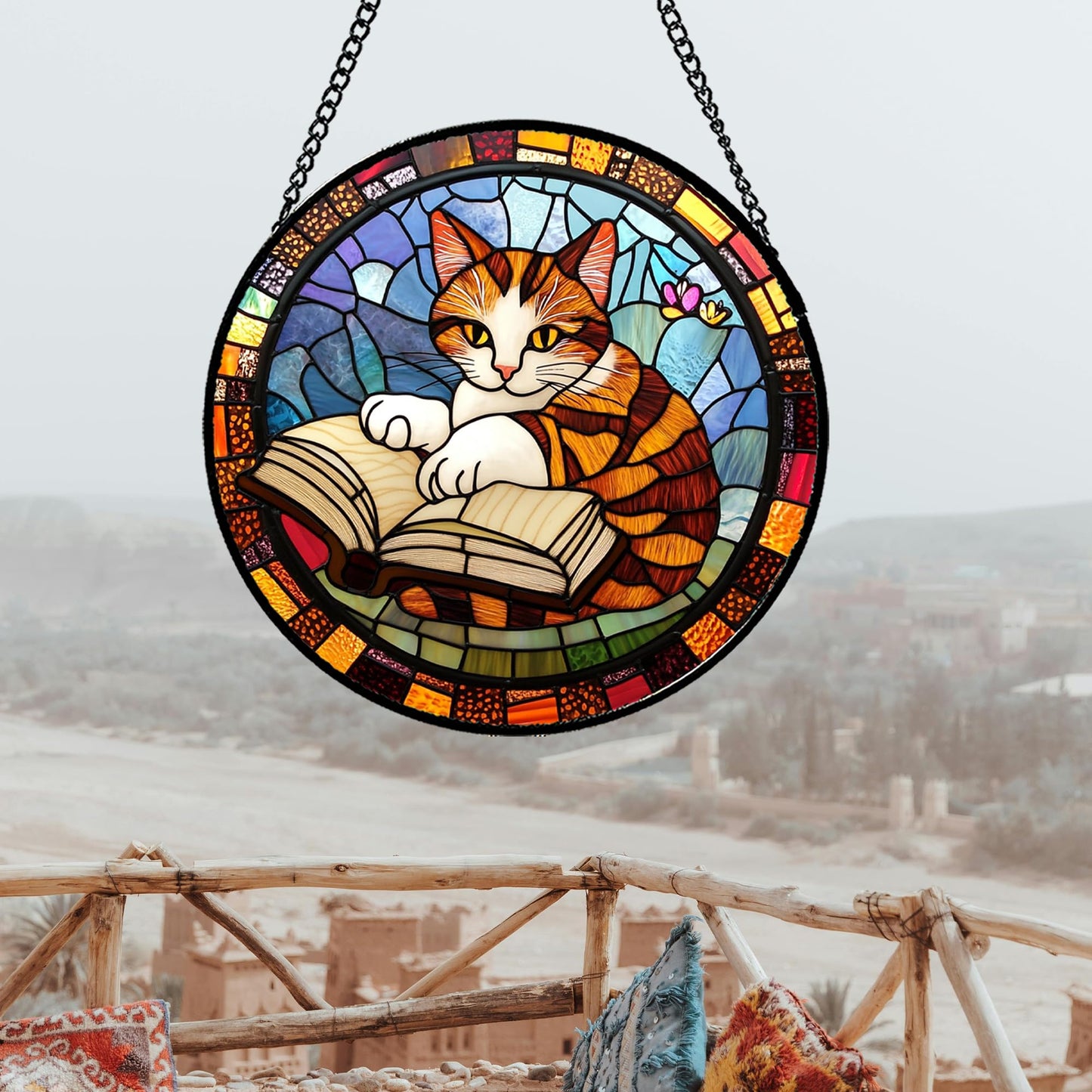 DASTOLL Stained Glass Window Hanging Little Cat Reading 7.8" - Suncatcher Door Garden Kitchen Sunroom Sun Catcher Home Decor Birthday for Lost Pets Mom Grandma Men Woman Friend