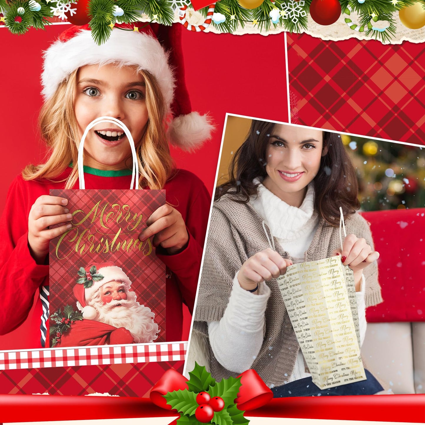 24 Pcs Christmas Gold Foil Gift Bags with Handles, 6 Assorted Xmas Designs, 8.3 x 6 x 3.5'' Holiday Kraft Paper Red and Gold Gift Bags for Christmas New Year Winter Party Favor, Goody Treat Wrapping
