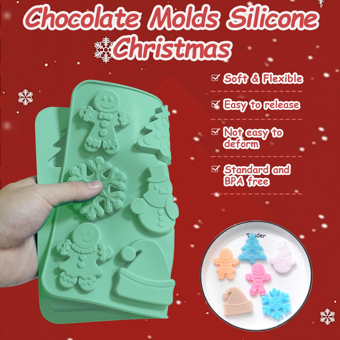 Zorazio 2Pack Christmas Silicone Cookie Chocolate Molds,Christmas Tree Silicone Mold, 12-Cavity Christmas Chocolate Mold for Candy Cookies Including Snowman Snowflakes Santa Hat