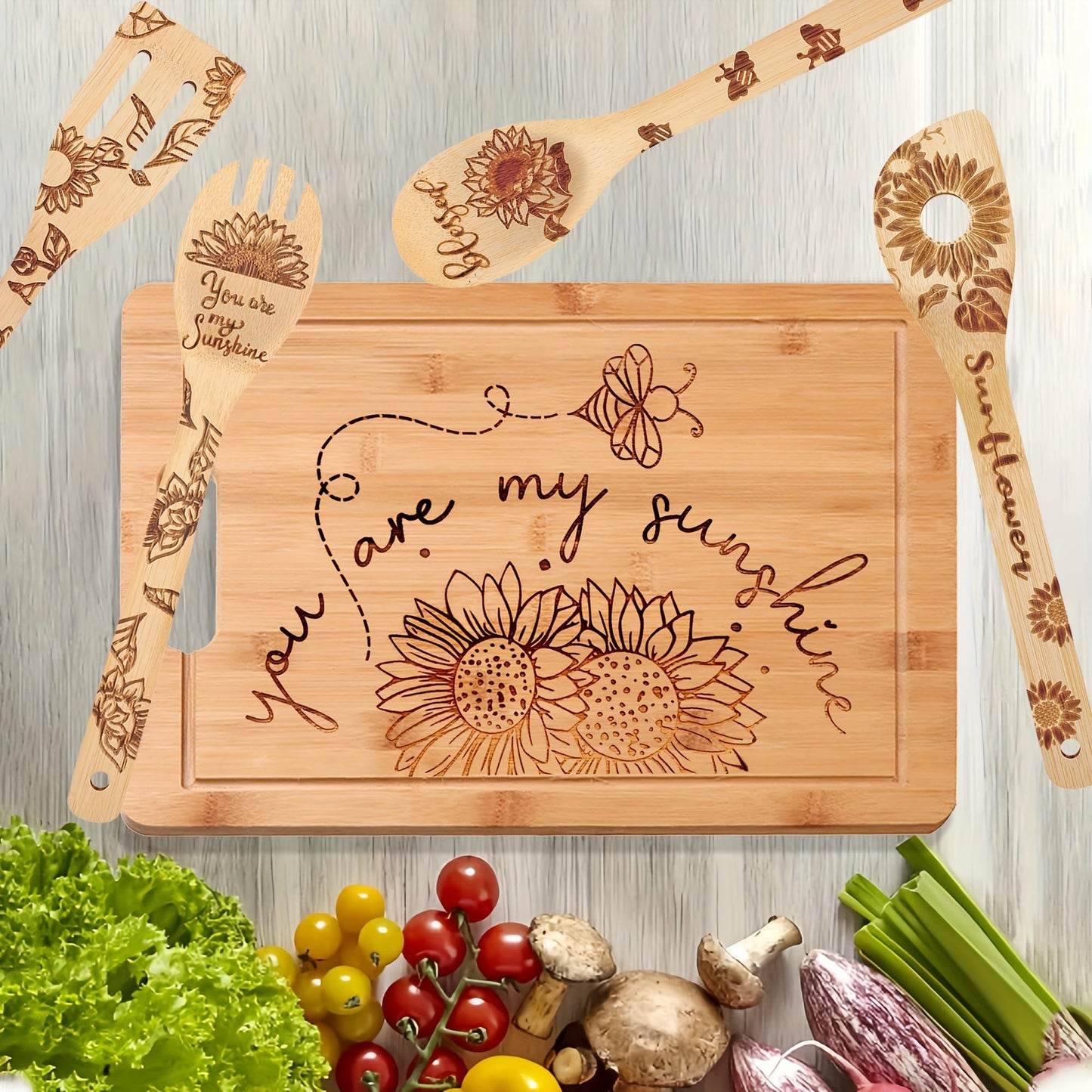 6pcs Sunflower Wooden Cutting Board Set Perfect Charcuterie & Serving Boards for Home Kitchen Decor, Ideal Gifts for Wedding, Birthday, Anniversary, Christmas & Housewarming