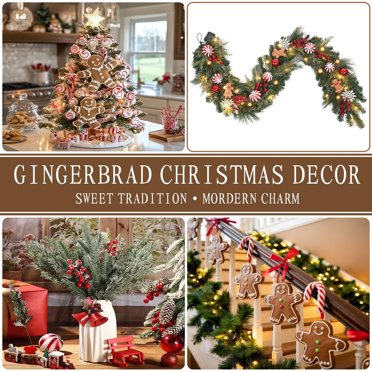 6 ft Gingerbread Christmas Garland with 30 Lights with Timer/Baking Holiday Decor/prelit Whimsical Gingerbread Kitchen Decor/Lighted Door Hanger .Stairs,Mantel,Porch Decoration