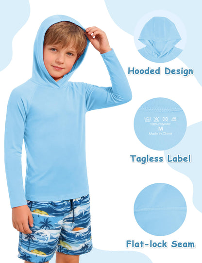 DRONIRING Boys Hooded Long Sleeve Rash Guard Swim Shirt, Youth Kids UPF 50+ Fishing Shirt, Sun Protection Hiking Beach Hoodie