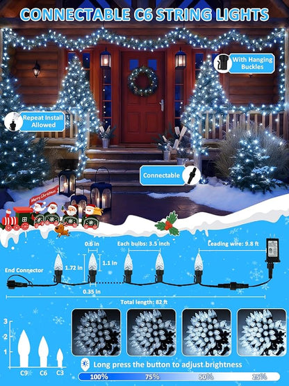 Connectable 250 LED C6 Christmas String Lights, 82FT Waterproof Christmas Twinkle Lights Outdoor, Plug in Lights with 13 Modes for Indoor Outdoor Yard Party Christmas Tree Decorations (Cool White)