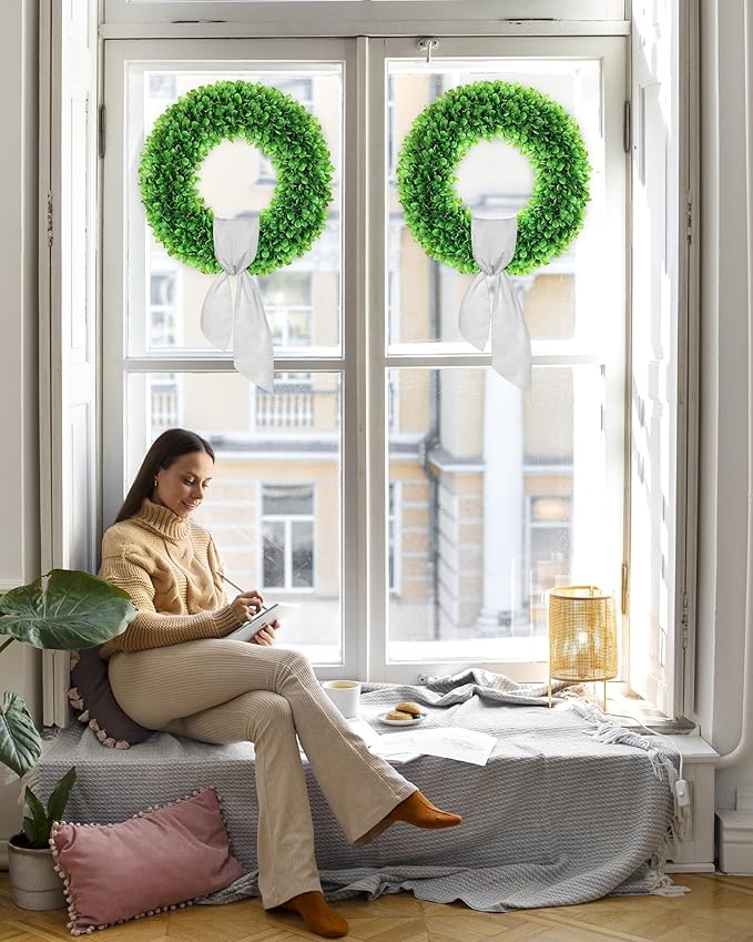 20 inch Artificial Boxwood Wreath for Front Door, Greenery Spring Summer Wreath for All Seasons with Sash，St Patrick's Day Decoration, Farmhouse, Garden, Wedding, Indoor & Outdoor