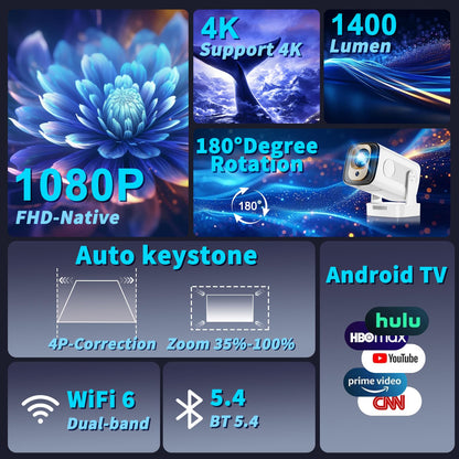 Mini Projector 1080P with WiFi 6 and Bluetooth 5.4, 4K Full HD Projector Features Auto Focus & Keystone, Portable Projector Built-in App Support 270° Rotatable, Compatible with Phone/HDMI/USB - White