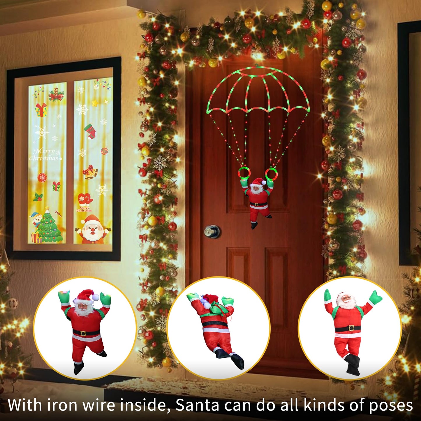 Toodour Christmas Decorations Lights Outdoor, 2.8FT Christmas Parachute Lights with Santa Claus, Waterproof 8 Modes Hanging Red & Green Xmas Light - Holiday Decorative Light for Indoor Eave Roof