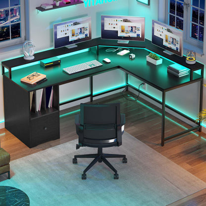 YITAHOME L Shaped Desk with Power Outlets & LED Lights, 67" Computer Desk with File Drawer, Corner Desk Home Office Desks with Monitor Stand & 3 Cubbies Storage Shelves, Black