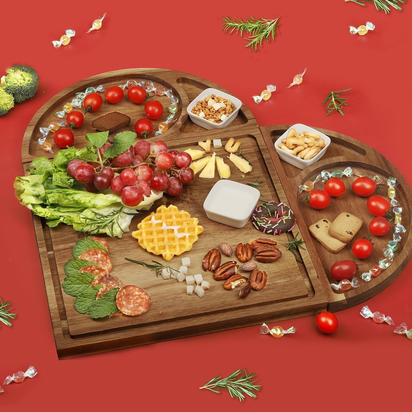 Extra Large Magnetic Charcuterie Board Cheese Board Gift Set 3 Part Square & Round & Heart Shaped Charcuterie Cheese Boards Wooden Tray Serving Board Platter for Valentine (Acacia-Wood)