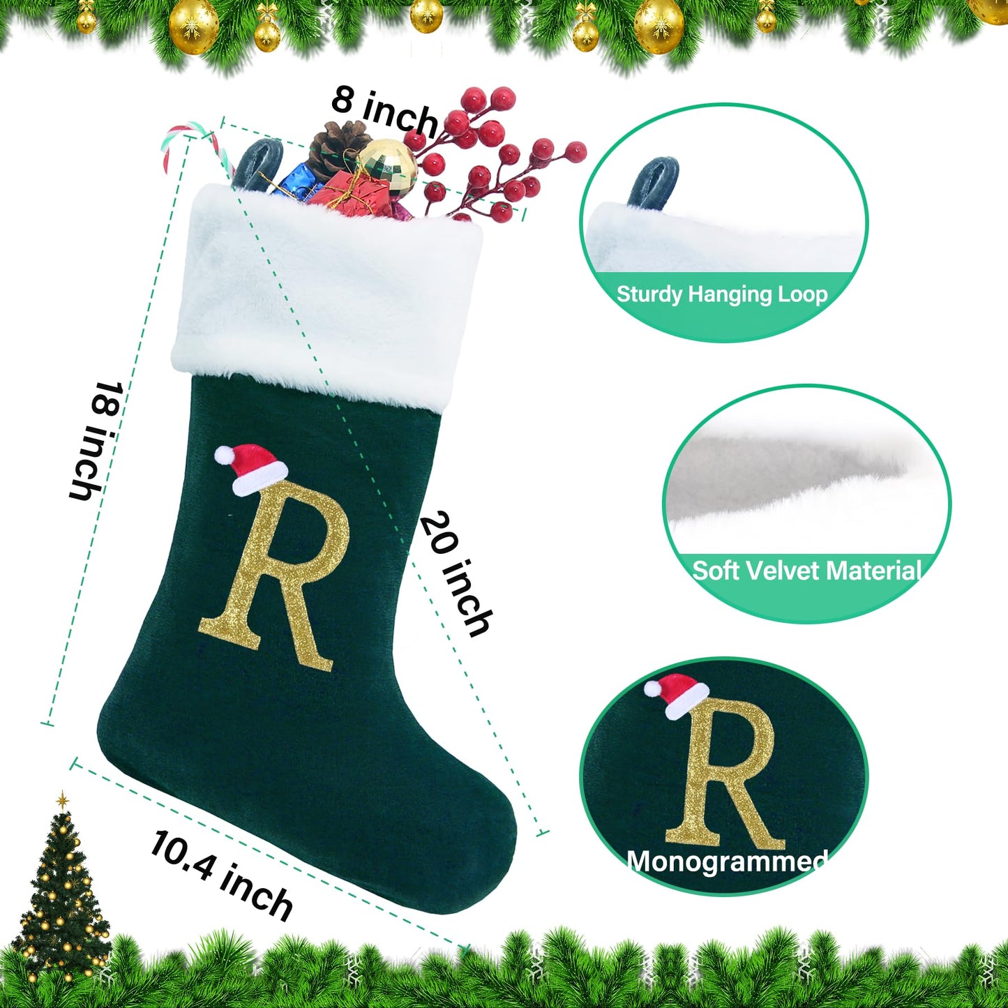 20 Inches Monogram Christmas Stockings with Letters, Large Super Soft Christmas Stockings Blackish Green Velvet with White Super Soft Plush Cuff for Xmas Tree Fireplace Gold Letter R