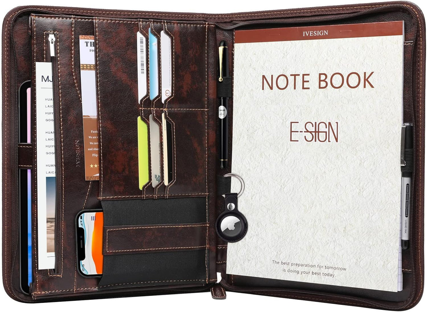 IVESIGN Zippered Padfolio for Women & Men Resume Portfolio Folder Vegan Leather Business Organizer Planner,with Writing Pad Interior 10.1 Inch Tablet Sleeve Dark Brown