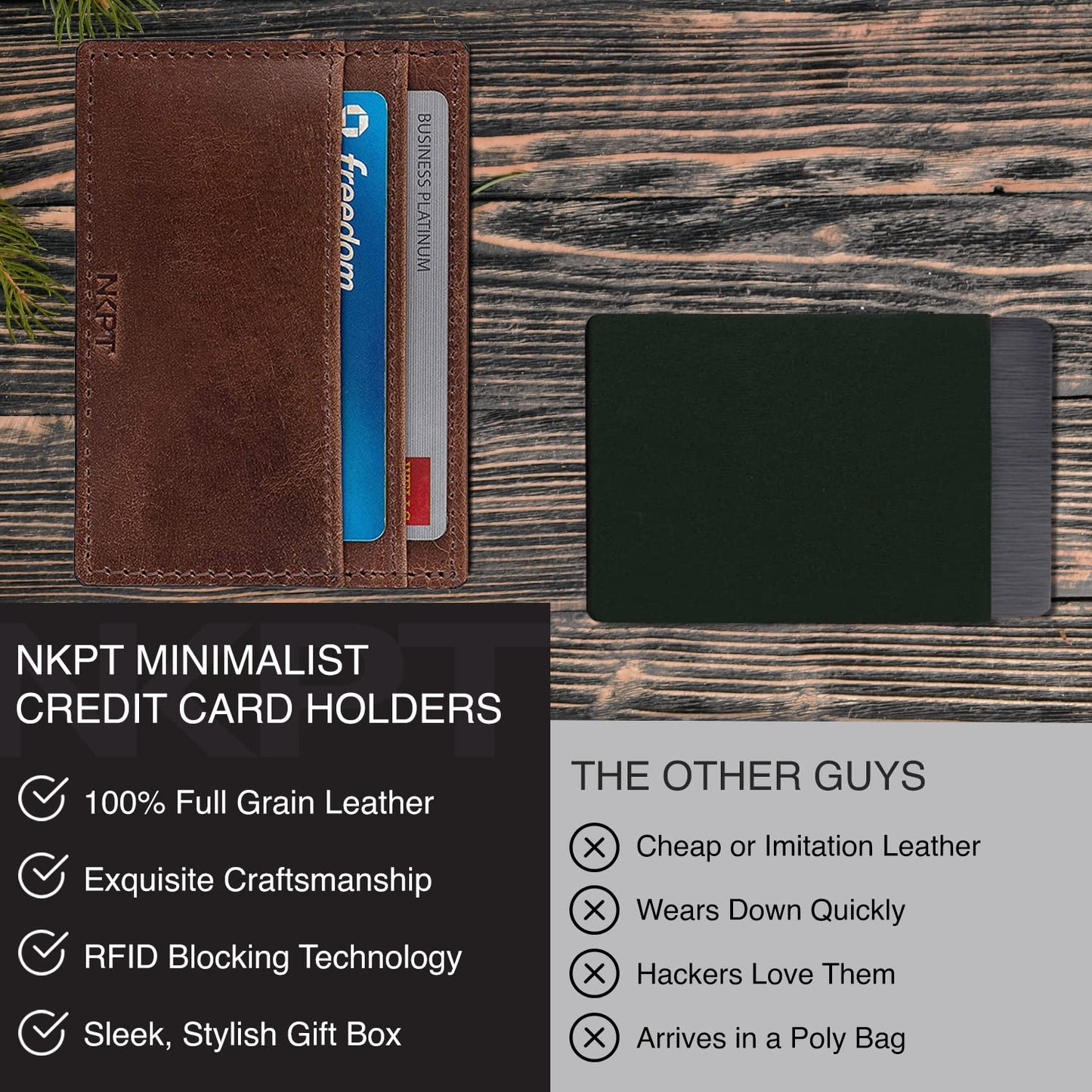 NKPT Thin RFID Leather Credit Card Holder Wallet for Men or Women | Small Slim Design, Classic Brown