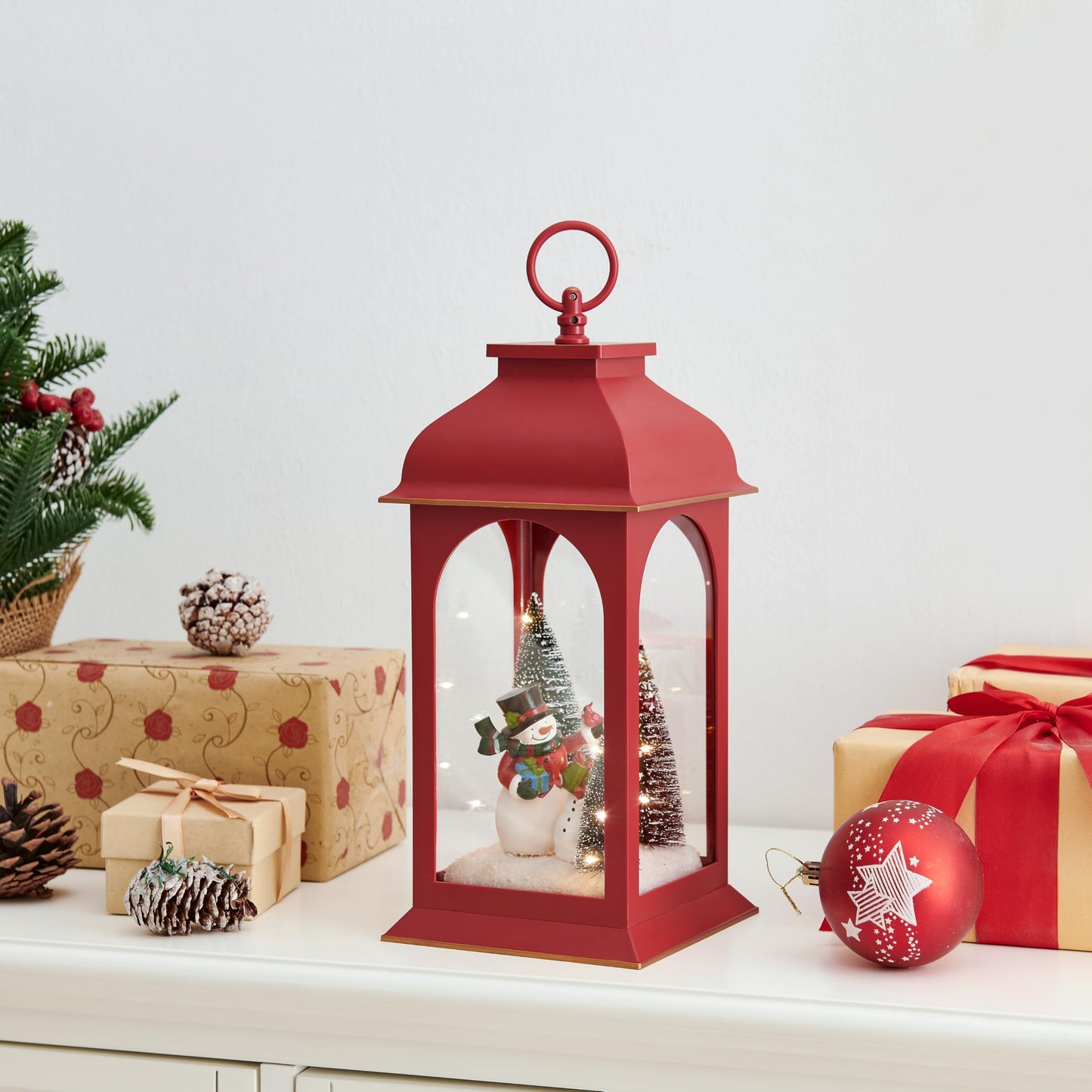 Danya B. Tabletop Red Christmas Snowman Winter Scene Diorama Lighted Lantern Decoration