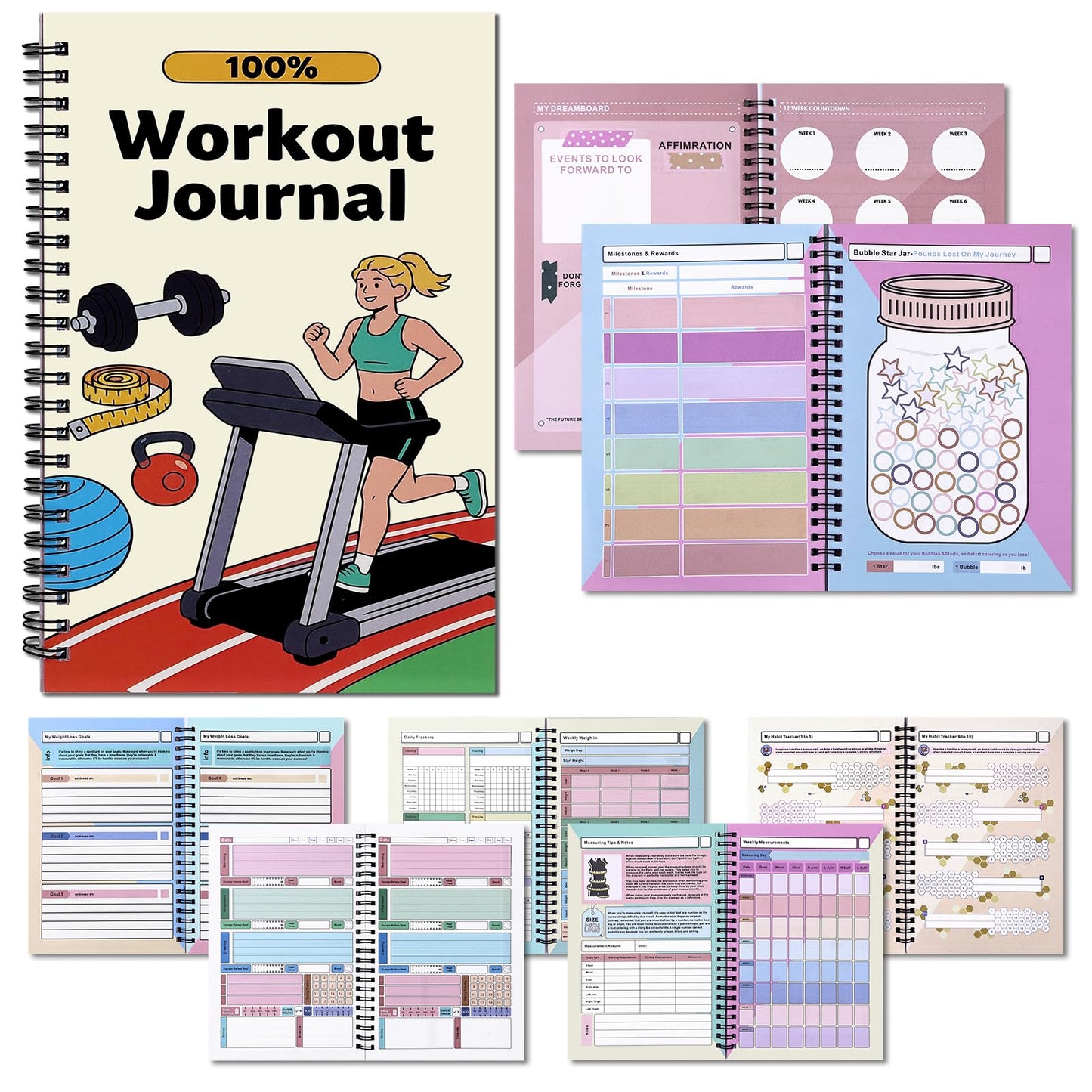 Fitness Journal - Food Journal for Women & Men Planner Log Book, Workout Journal for Track Weight Loss, Muscle Gain, Home Gym Exercise, Daily Nutrition, 5.8 x 8.2"