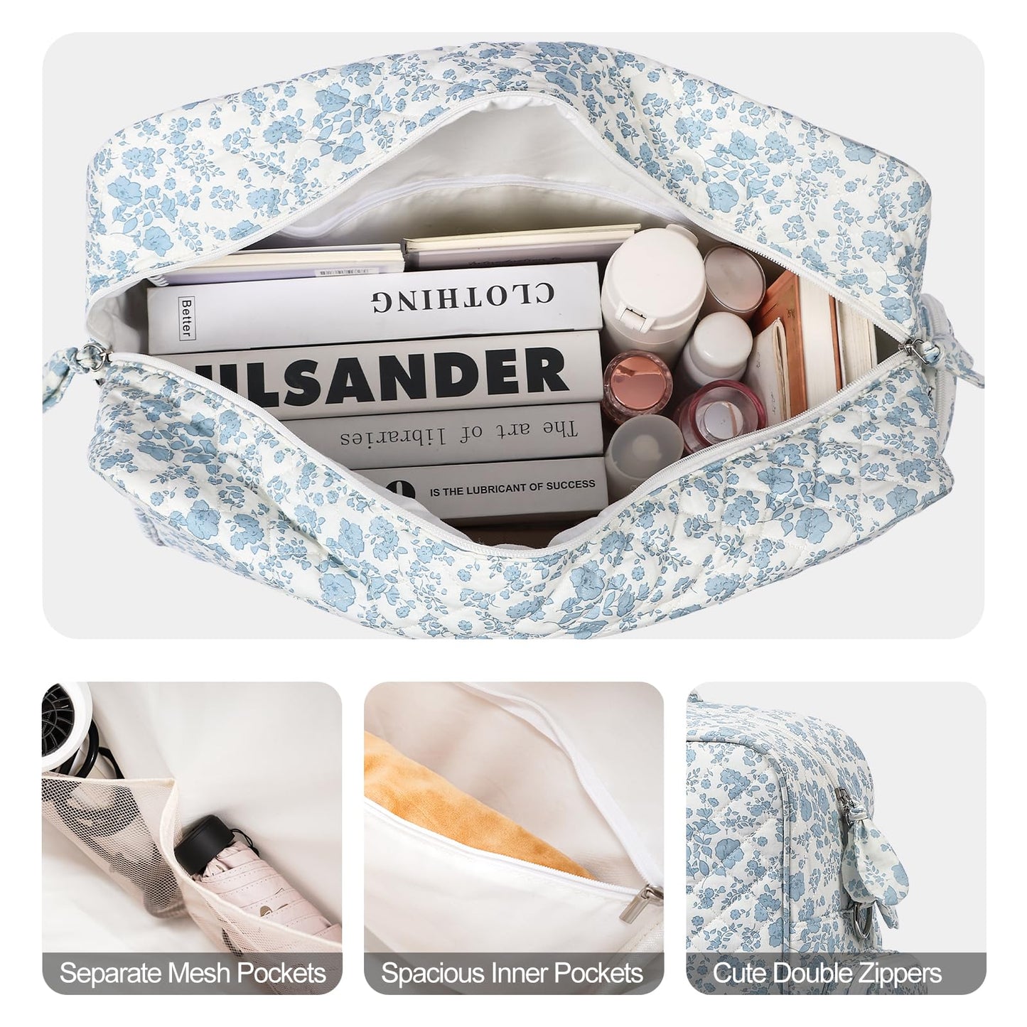 Quilted Duffle Bag for Women, Quilted Weekender Bag, Quilted Travel Bag, Large Floral Duffle Bags with Adjustable Straps