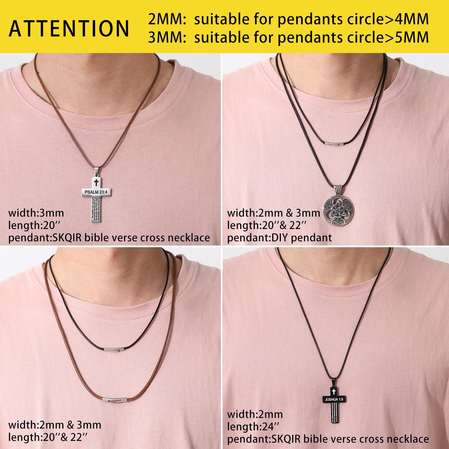 2mm Black Waterproof Braided Leather Cord Necklace with Durable Stainless Steel Snap Clasp Men Women Woven Wax String Rope Chain for DIY Pendant Length 18"