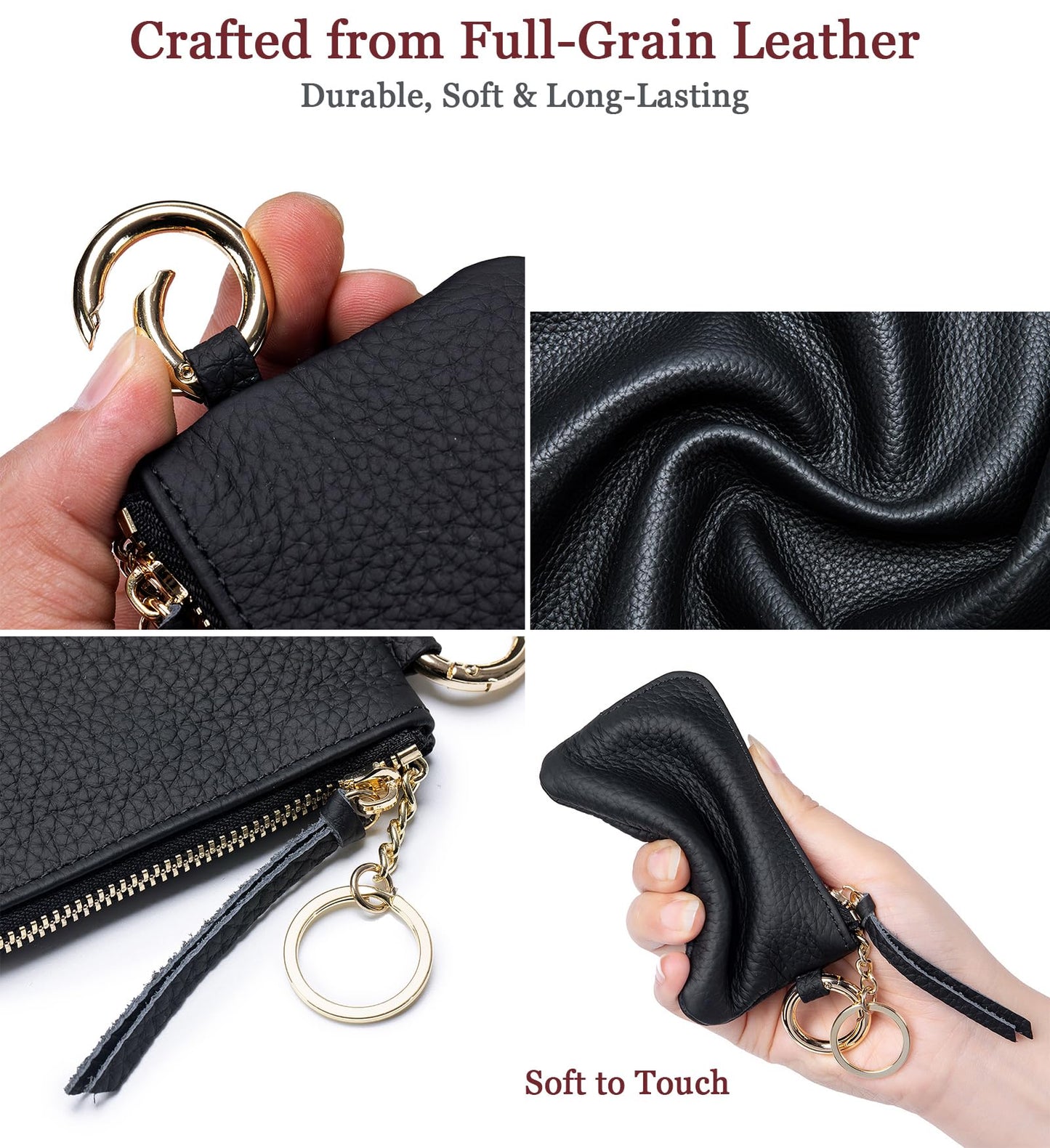 LnxLtw Leather Coin Purse for Women with Keychain & Wrist Strap – Small Zipper Coin Pouch, Mini Change Wallet, Slim Travel Key Pouch with Gift Box (Black)