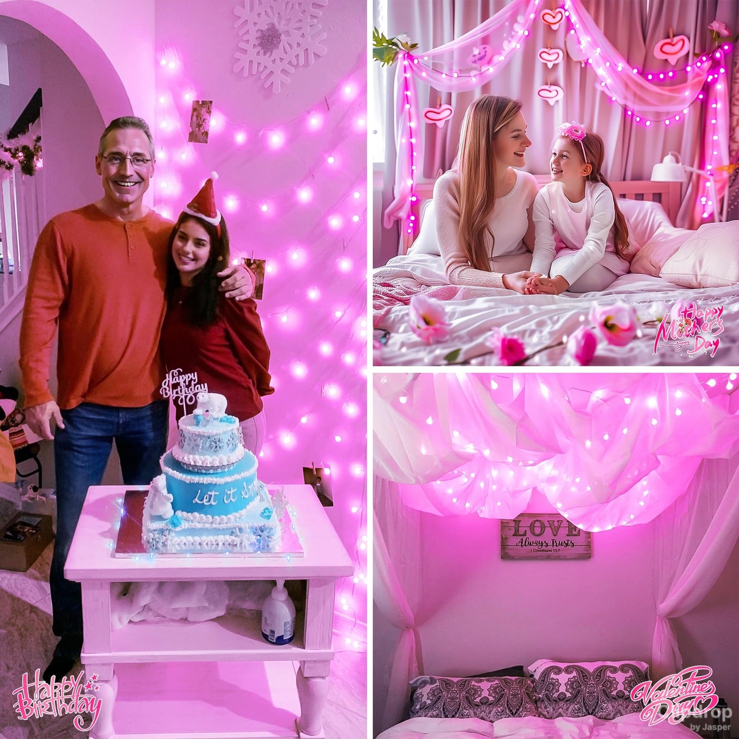 JMEXSUSS 100 LED Pink String Lights Indoor,33 ft Connectable Globe Pink Lights Plug in, 8 Mode Fairy Valentine Light with Remote for Bedroom Girl Room Anniversary Party Valentines Day Decorations