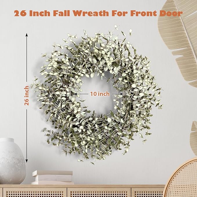 26 Inch Fall Wreath for Front Door Large Eucalyptus Wreaths with Mini White-Green Leaves, Autumn Greenery Wreath on Grapevine for Fall Door Decor Farmhouse Wall Window Home Decoration