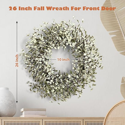 26 Inch Fall Wreath for Front Door Large Eucalyptus Wreaths with Mini White-Green Leaves, Autumn Greenery Wreath on Grapevine for Fall Door Decor Farmhouse Wall Window Home Decoration