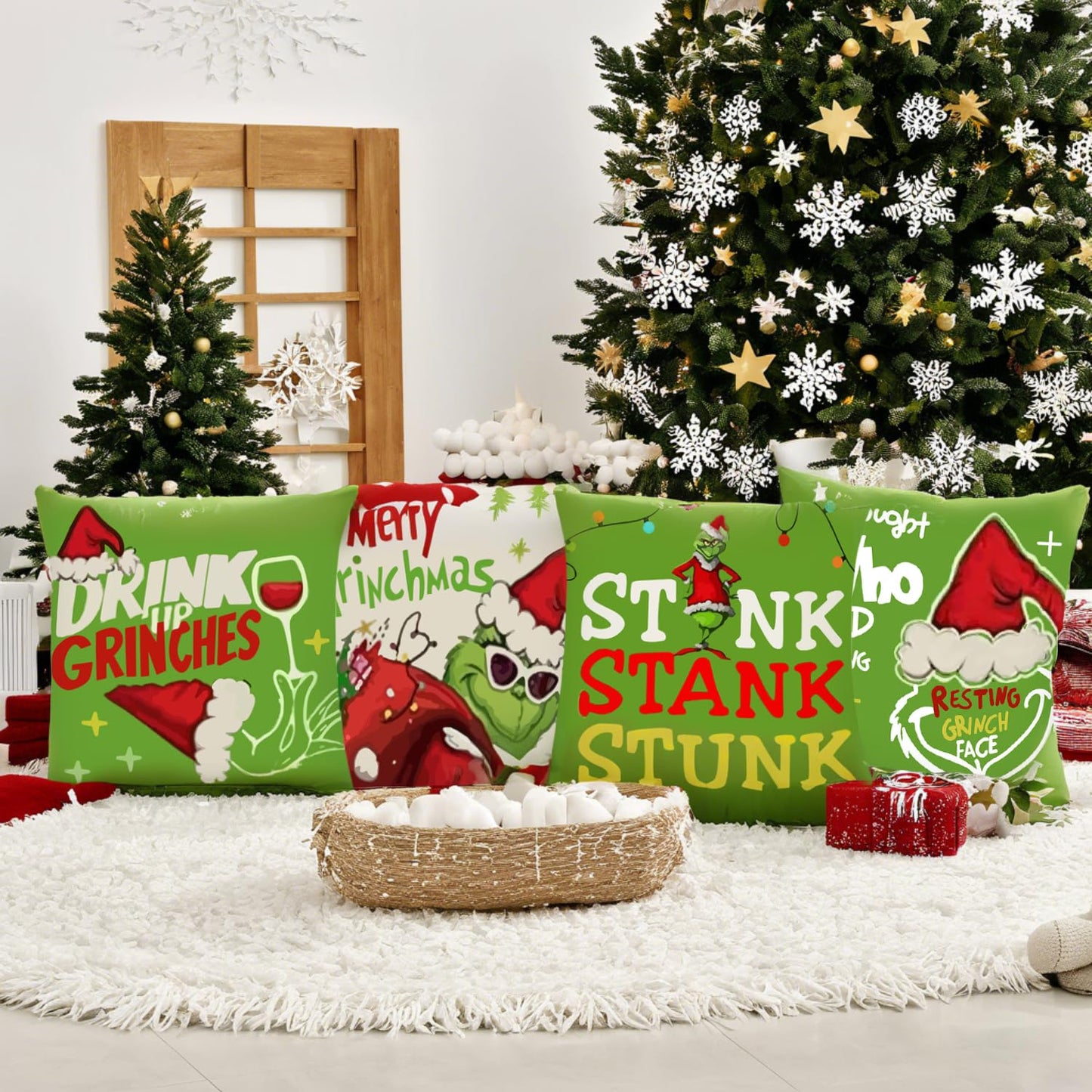 BOGGEUSS Christmas Throw Pillows Covers 18x18 Set of 4 Green Elf Pillow Covers Christmas Decorations for Home Sofa Couch Bed