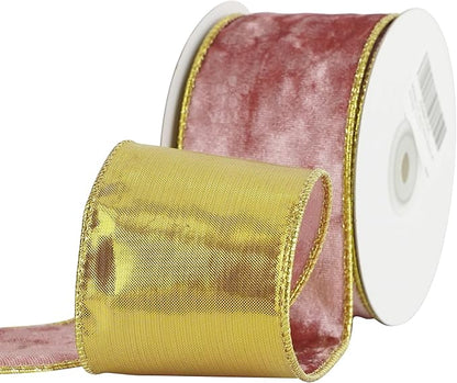 MEEDEE Pink and Gold Velvet Ribbon 2.5 inch Thick Velvet Wired Edge 10 Yards Two Tone Ribbon for Christmas Tree, Gift Wrapping, Wreaths, Large Bows, Crafts Supply