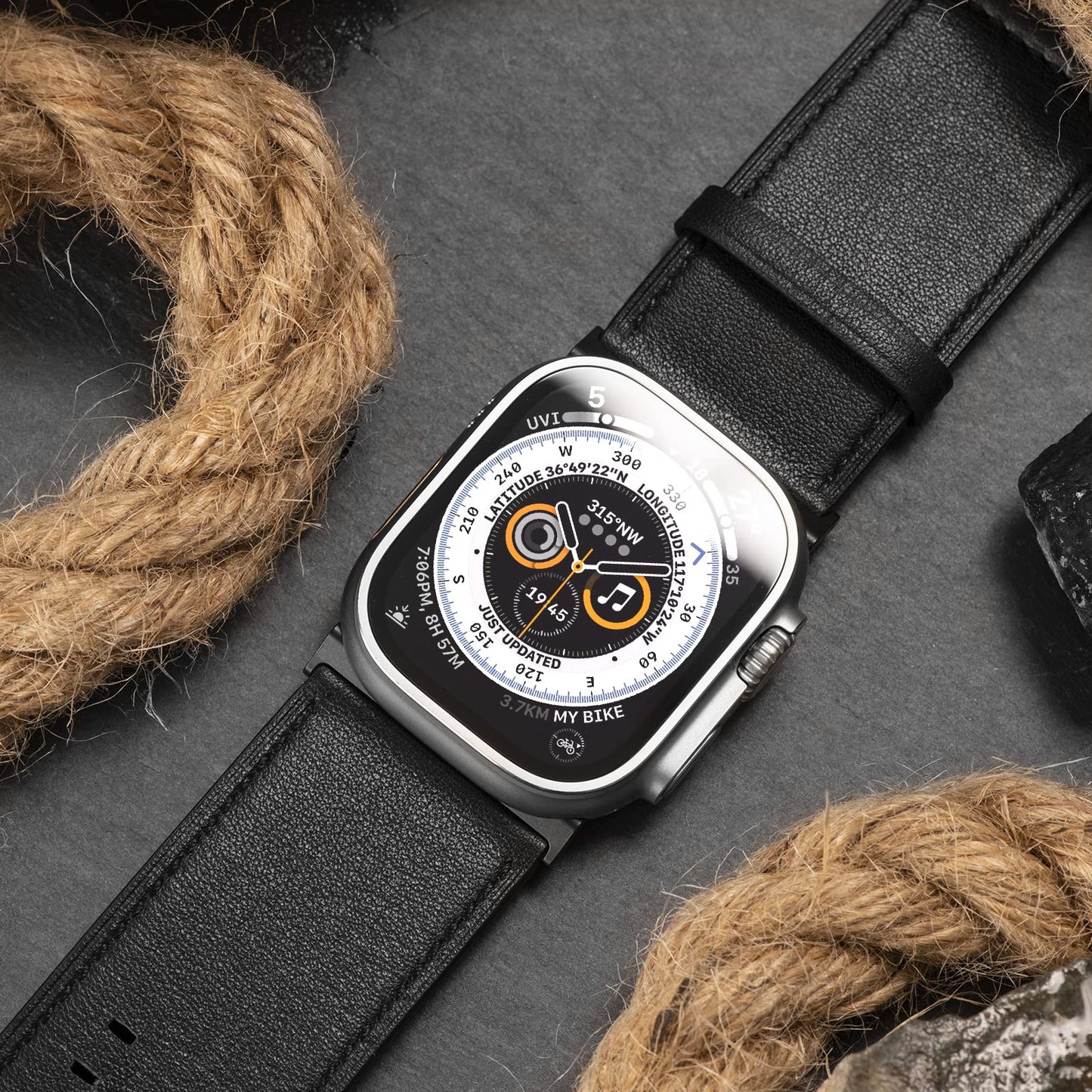 Tefeca Dual Series Band Compatible with Apple Watch Ultra 2/Ultra 49mm, Series 10 46mm, Series 9/8/7 45mm, SE2/SE/6/5/4 44mm (Black Leather with Black Adapters, 49/46/45/44mm)
