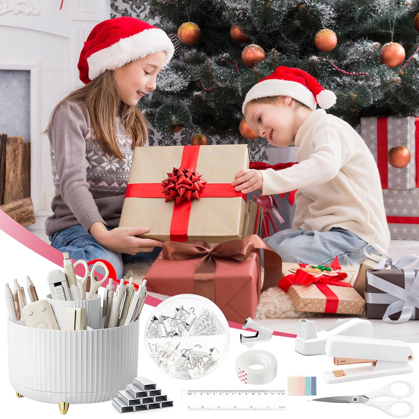 11 Pcs White Desk Accessories, 360 Degree Rotating Pen Holder Set with Stapler Set, Tape Dispenser Set, Scissor, Paper Clips Kit, Pen, Ruler & Sticky Tabs for Office School Home (White)