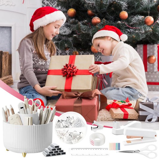 11 Pcs White Desk Accessories, 360 Degree Rotating Pen Holder Set with Stapler Set, Tape Dispenser Set, Scissor, Paper Clips Kit, Pen, Ruler & Sticky Tabs for Office School Home (White)