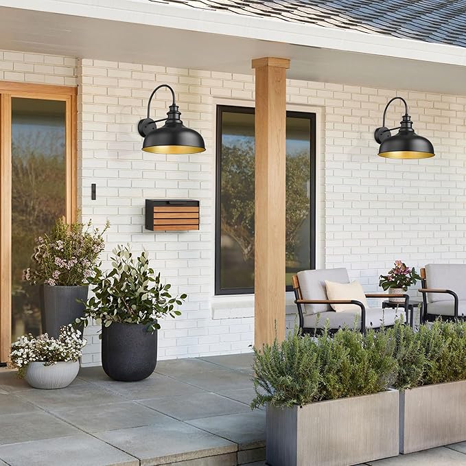 Bestshared Large Outdoor Farmhouse Barn Lights 16 Inch Dome Outdoor Wall Lantern Industrial Wall Sconces Exterior Gooseneck Mount Light,Vintage Outdoor Lighting Fixture (2Pack, Black+ Gold)