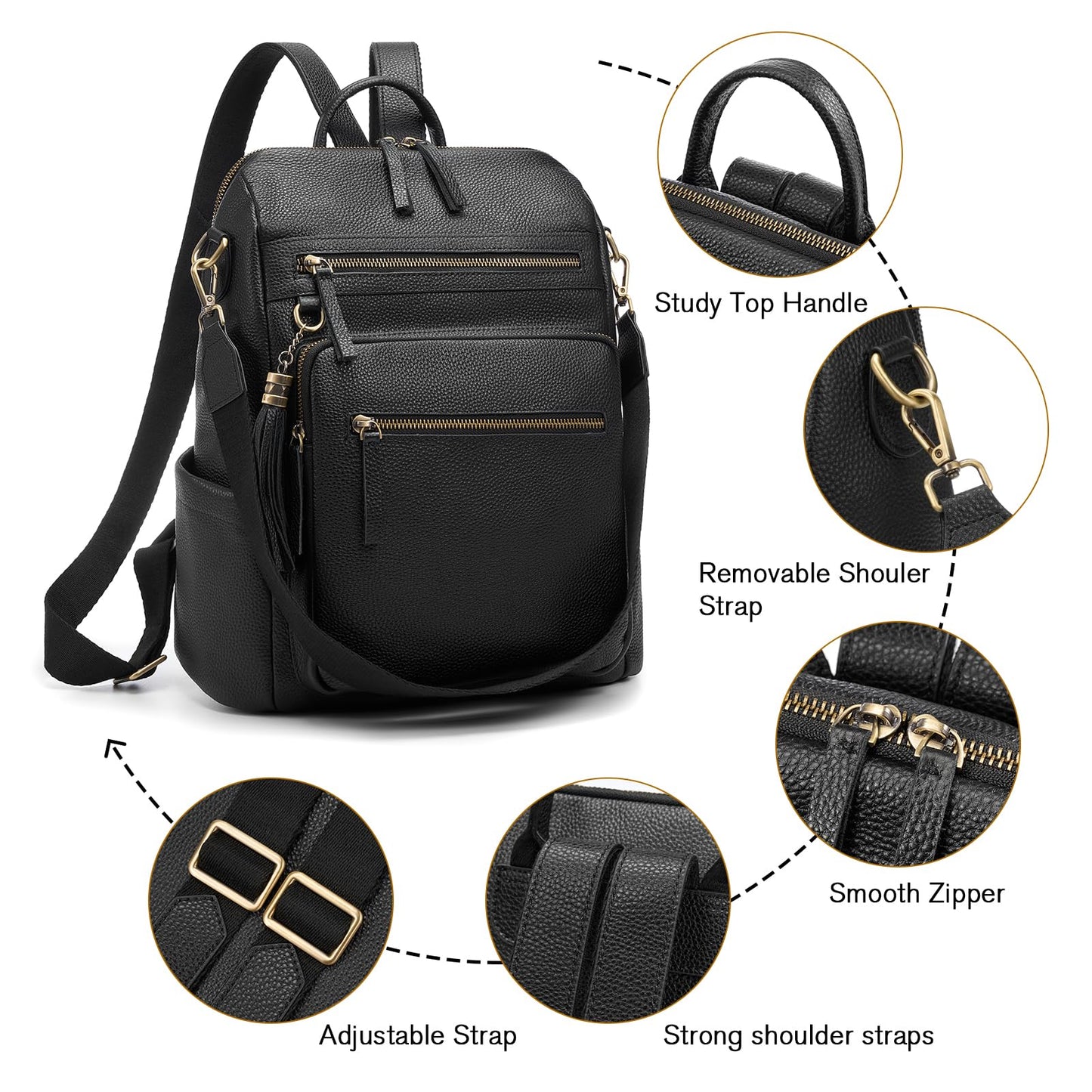 UEIRY Genuine Leather Backpack Purse for Women Convertible Shoulder Bag with Multiple Pockets for Travel Work School（Black）