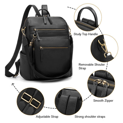 UEIRY Genuine Leather Backpack Purse for Women Convertible Shoulder Bag with Multiple Pockets for Travel Work School（Black）
