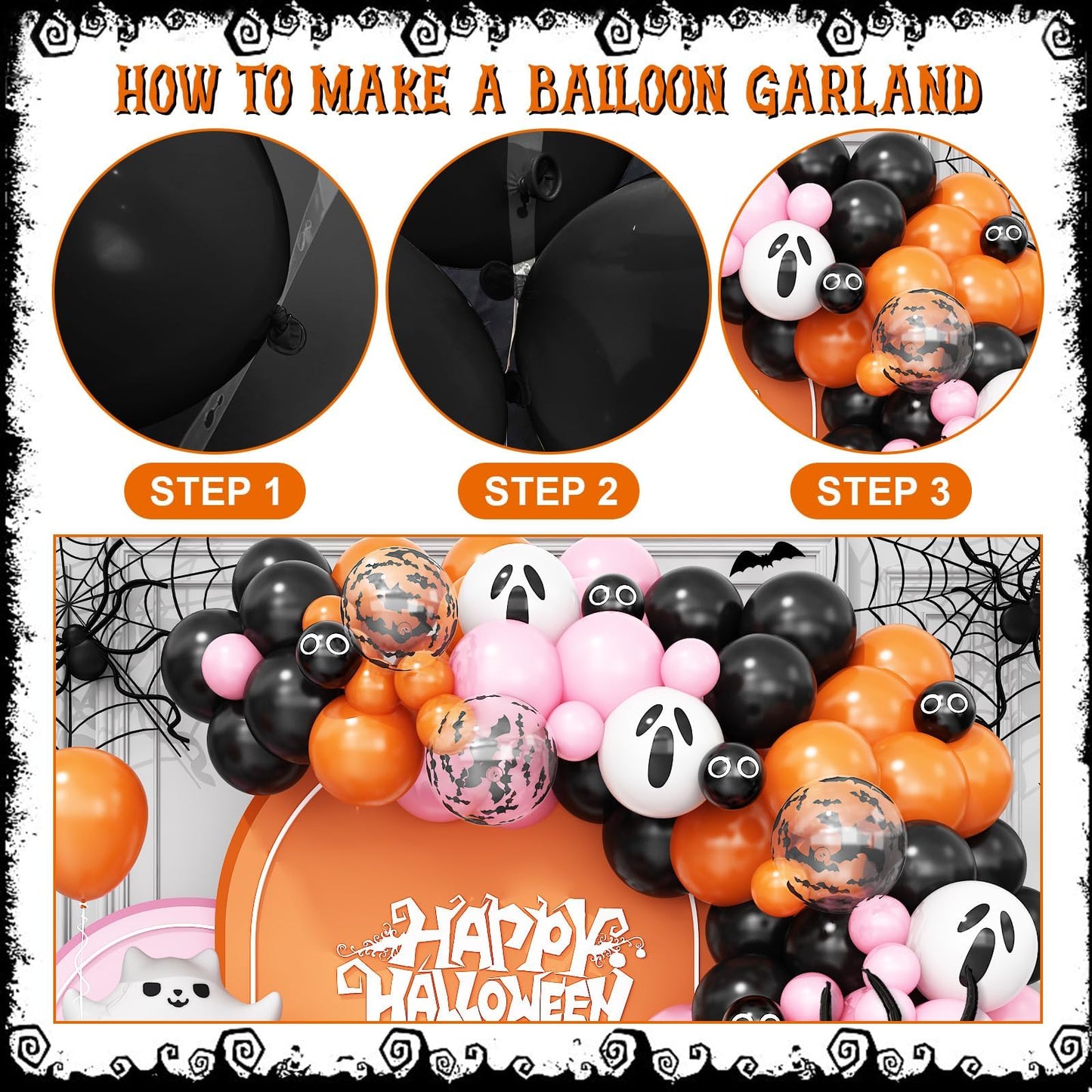 Halloween Balloons Arch Pink Black Orange Balloons Garland with Spider Foil Black Orange Pink Latex Balloon Bat Ghost Eyes Balloon for Party Haunted House Birthday Decorations