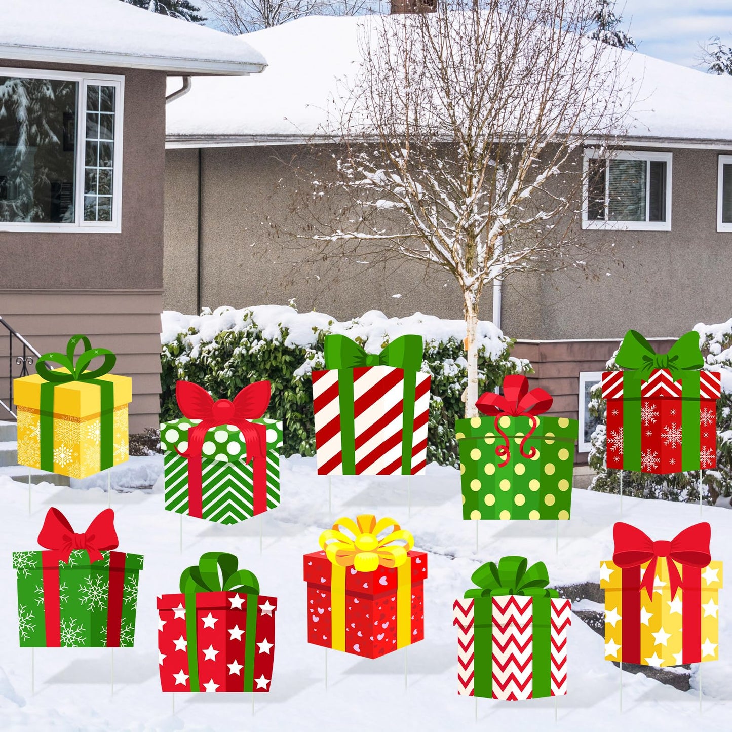 Soaoo 12 Pcs Christmas Decoration Outdoor Yard Sign with Stakes Xmas Lawn Sign Box Sign Decor for Home Outdoor Pathway Walkway Lawn Patio Yard Garden Party Supplies