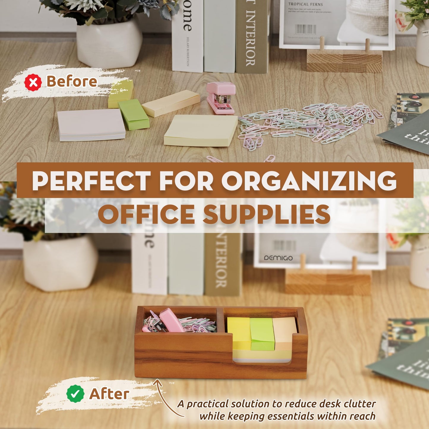 Demigo Wooden Sticky Note Holder for Desk – Solid Acacia Wood Organizer for 3x3 Note Pads, Paper Clips, Office Supplies – Compact Memo Pad Holder for Home Office, Teachers