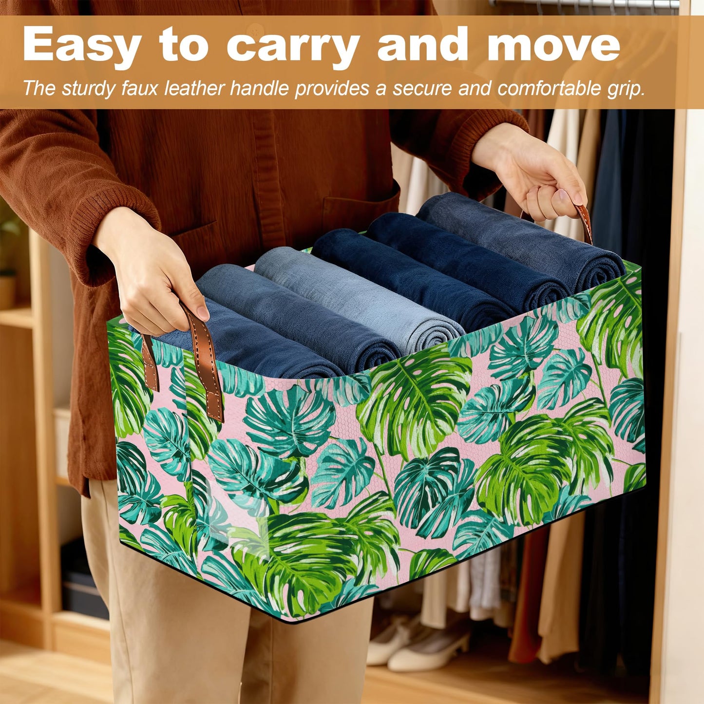 Oeaskly Palm leaves Storage Bins with Handles, Oxford Fabric Storage Basket with Sturdy Frame, Foldable Closet Organizer for Clothes Towels Blankets Shelf Storage