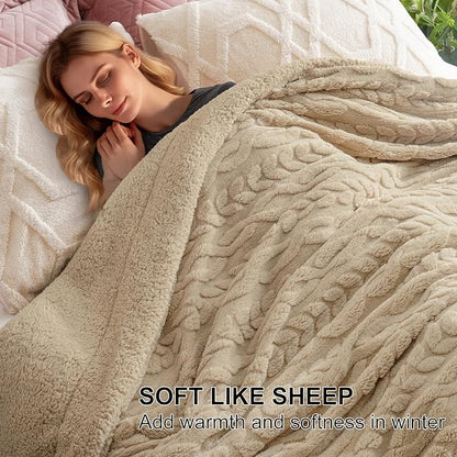 PHF Fluffy Sherpa Blanket King Size for Winter, Warm and Soft, 510GSM 3D Jacquard Thick Shaggy Fleece Plush Blanket for Sofa Bed, Khaki, 108"x90"