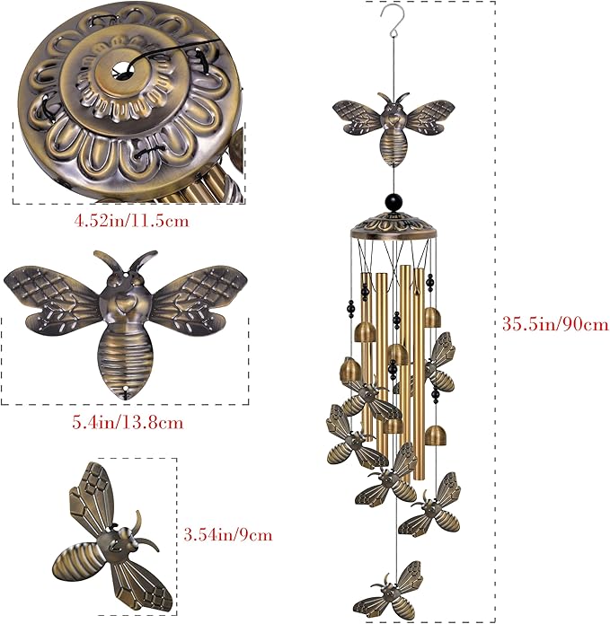 Bronze Bee Wind Chimes Decor, Mobile Blessing Wind Bells Decorate, Sympathy Wind Catcher, Memorial Gifts for Mom,Grandma,Woman (Housewarming/Outside/Indoor/Home/Room/Porch/Yard/Garden Decoration)