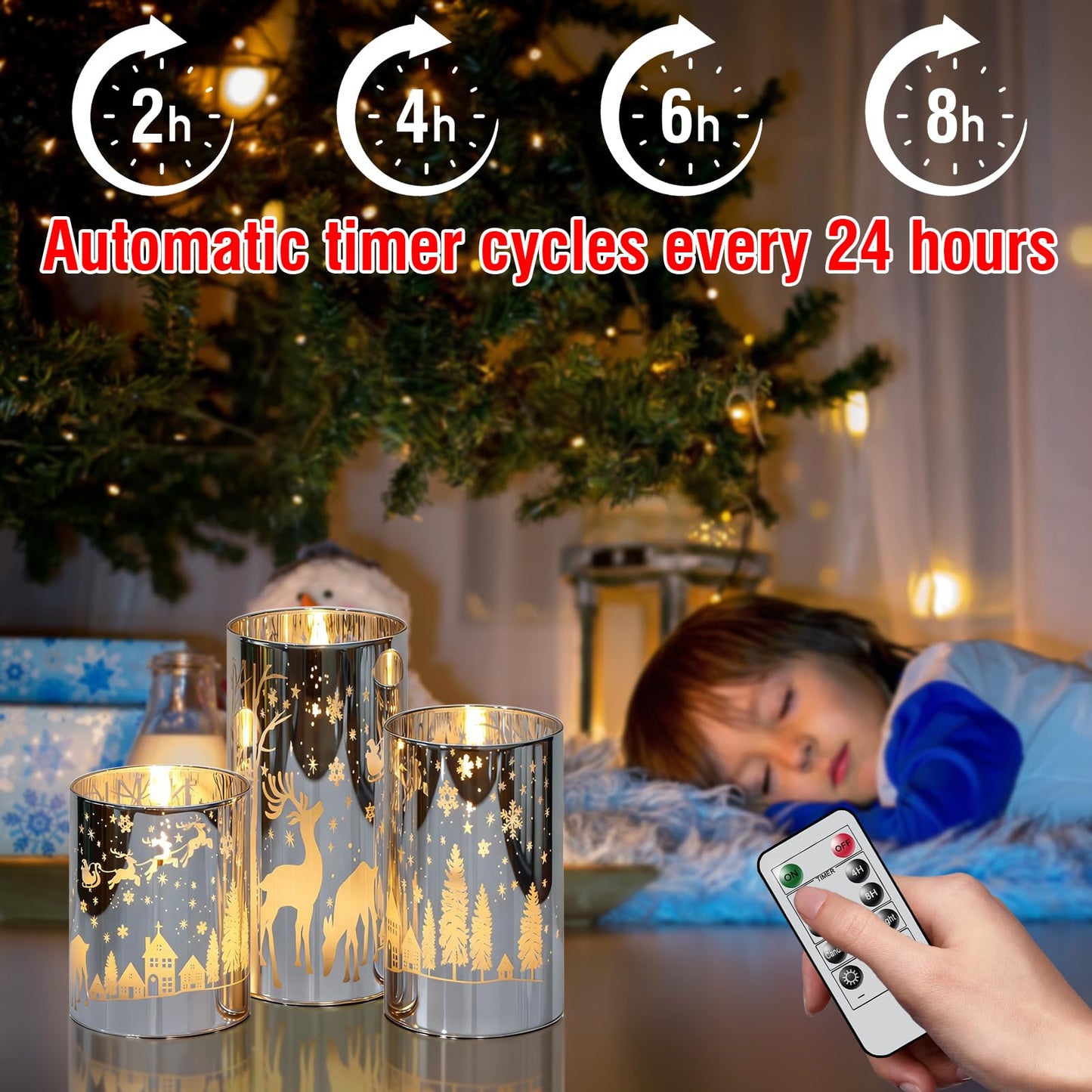 Lasumora Silver Christmas Reindeer Flameless Candles with Remote Timer, Set of 3 LED Candles in Plated Glass Holder, Battery Operated Candles Real Wax for Home Décor Christmas Gifts, D3”x H4” 5” 6”