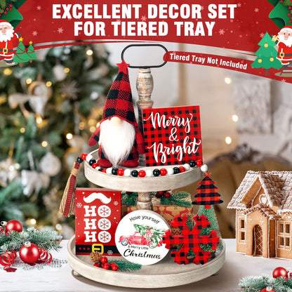 Christmas Tiered Tray Decor 6 PCS Xmas Decorations for Home - Xmas Table Decor Wooden Signs & Buffalo Plaid Gnome Plush Set - Farmhouse Christmas Tray Decoration Kitchen Table Mantel