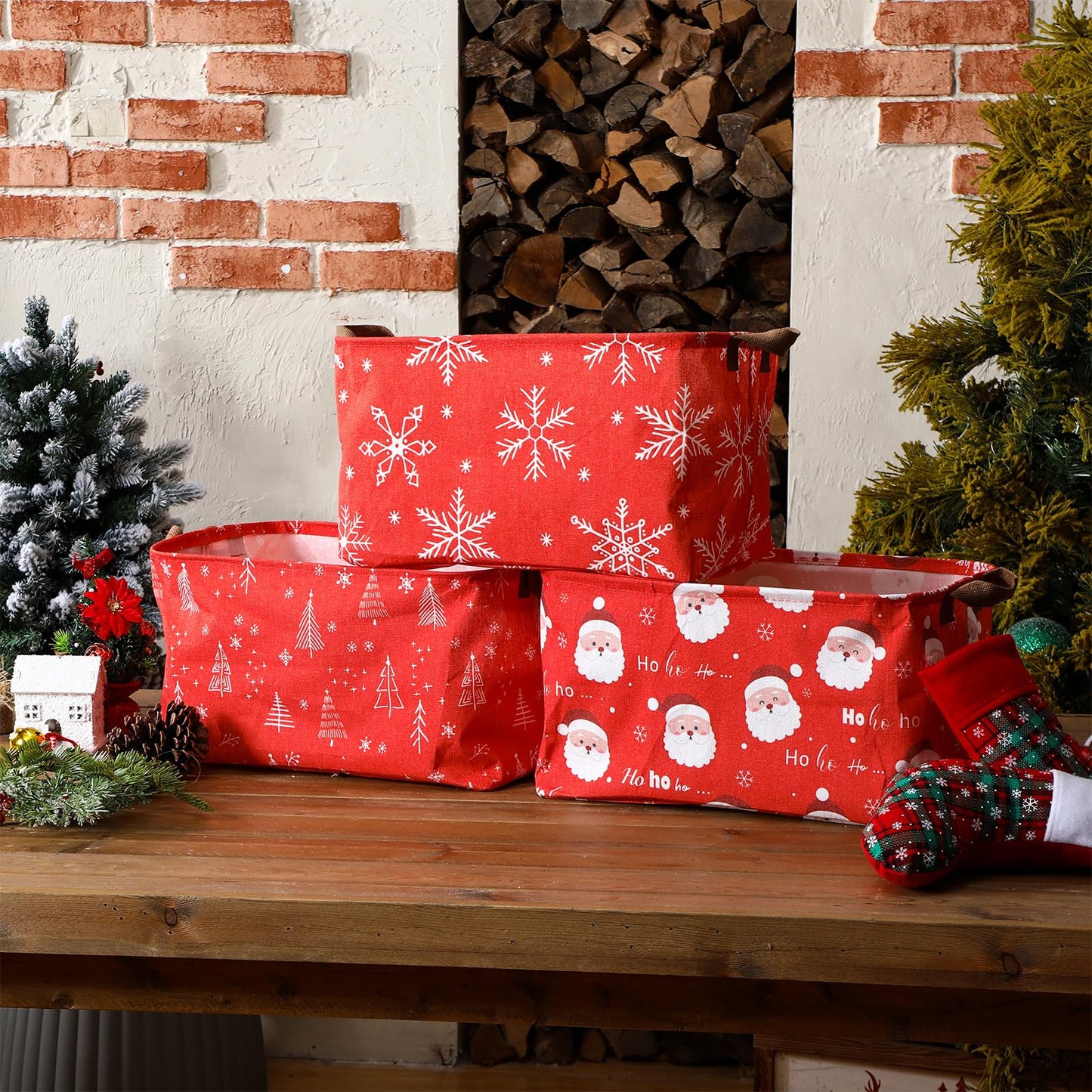 Layhit 3 Pcs Christmas Storage Bins Large Foldable Christmas Basket with Handles Xmas Tree Santa Snowflake Boxes Red white Fabric Collapsible Basket for Cloth Toy Book Ball Party Supplies