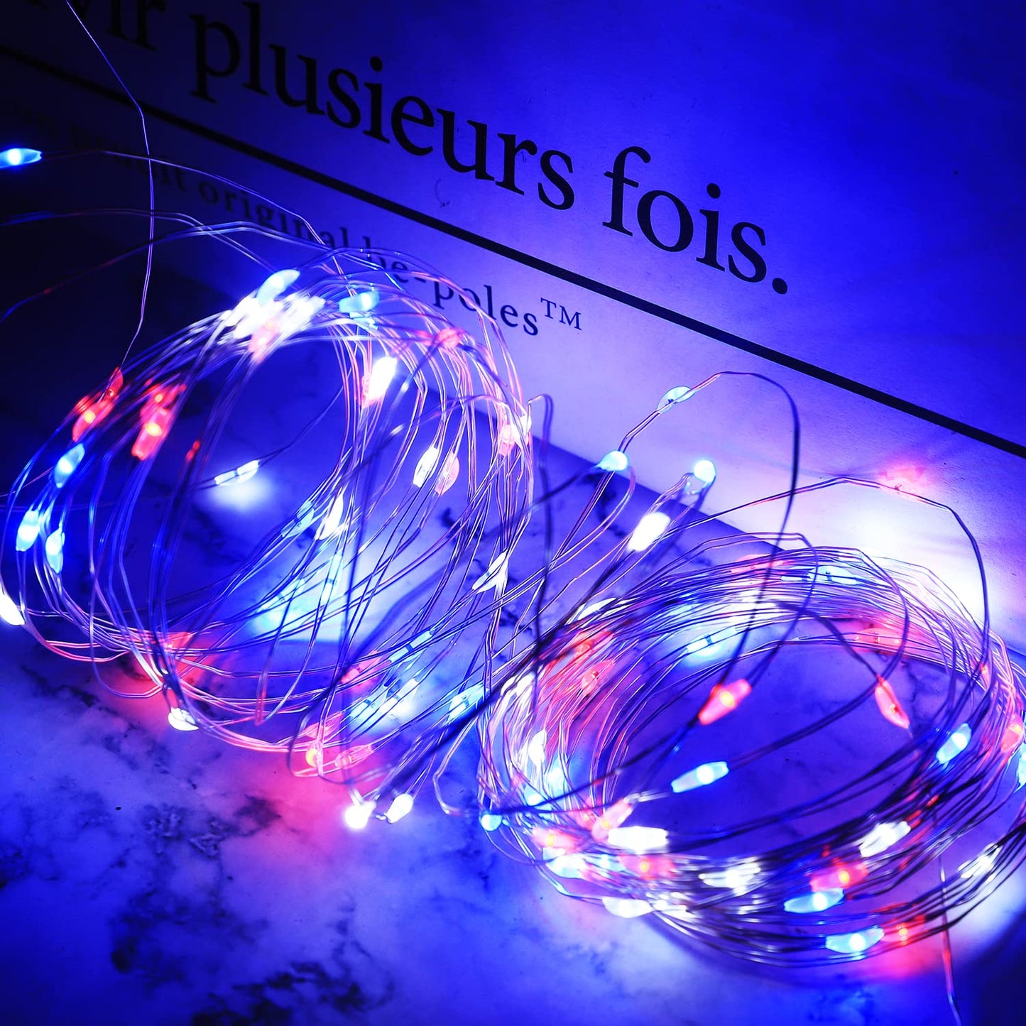 4th of July Decorations Fairy Lights Patriotic, 2 Pack 100LED Copper String Lights Outdoor Twinkle Lights for Fourth of July, Christmas, Memorial Day, Independence Day Decor- Red White Blue