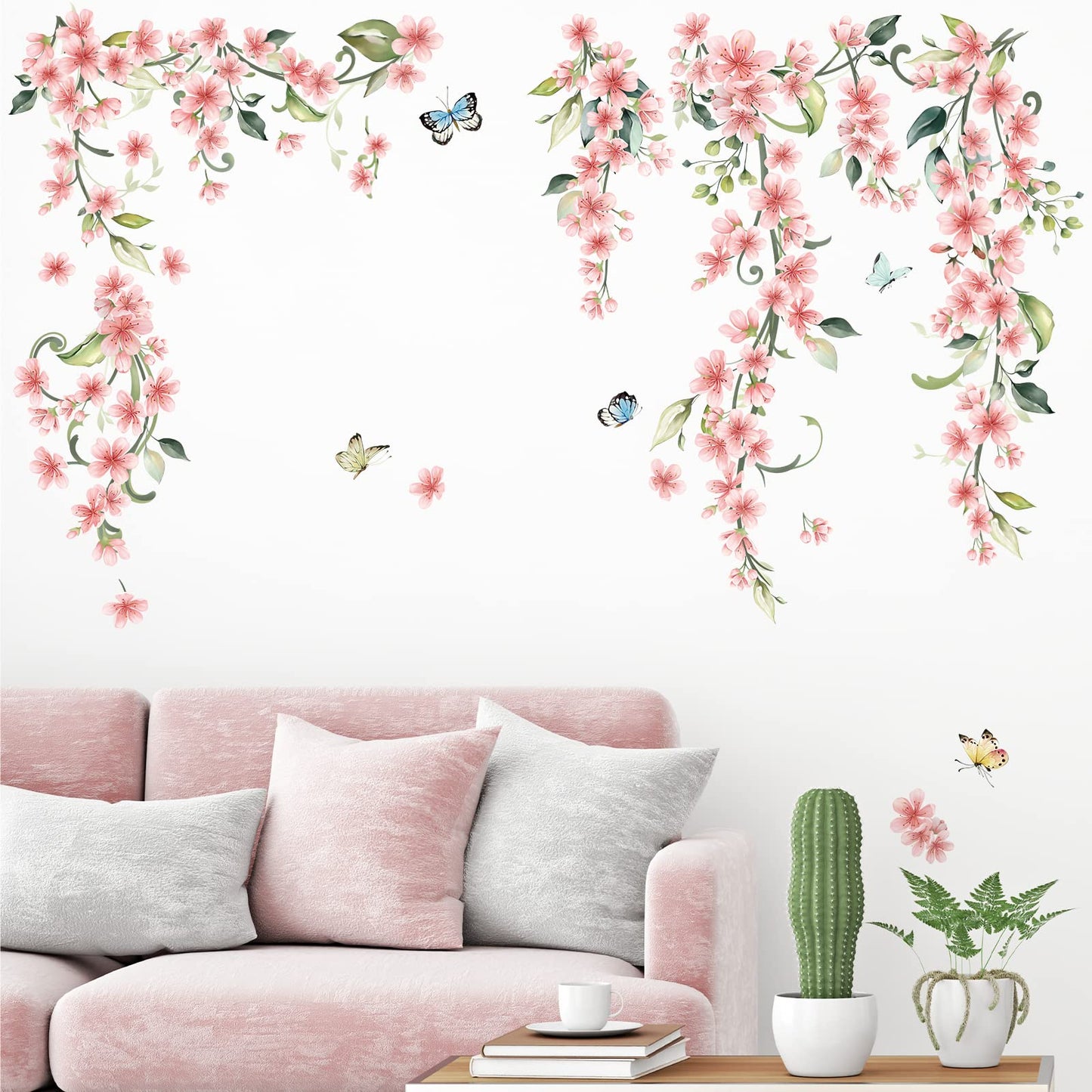 wondever Hanging Flower Vine Wall Stickers Pink Floral Peel and Stick Wall Art Decals for Living Room Bedroom TV Background